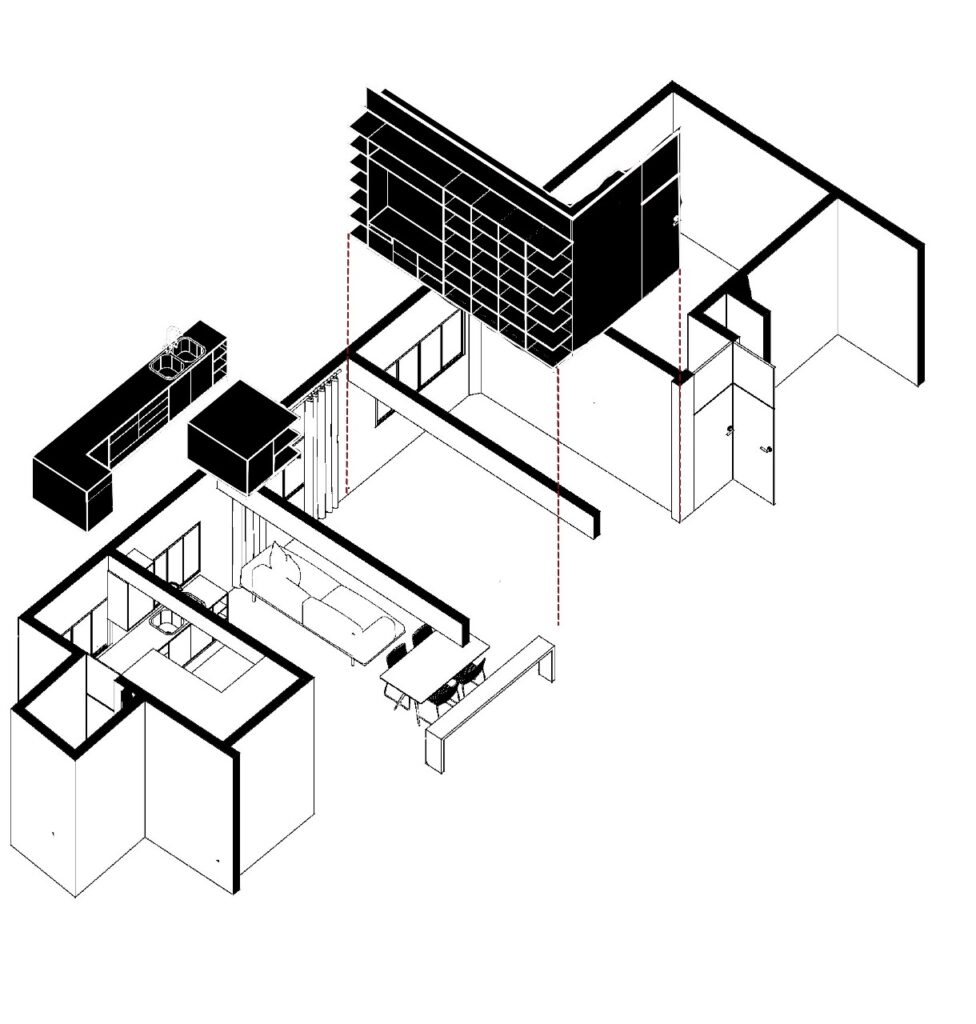 Planta isométrica modernizando layout e integrando espaços com novos usos funcionais.